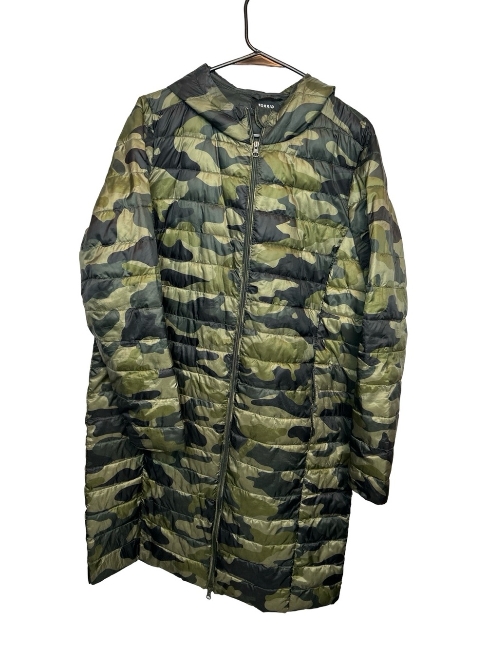torrid Olive & Black Camo Hooded Quilted Puffer Coat see dimensions